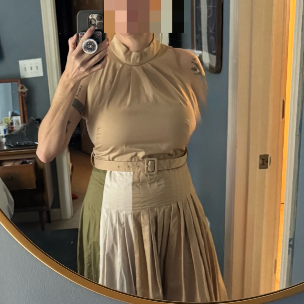 Neutral Beige/Tan High-Neck Sleeveless Top and Pleated Two-Tone Skirt Set